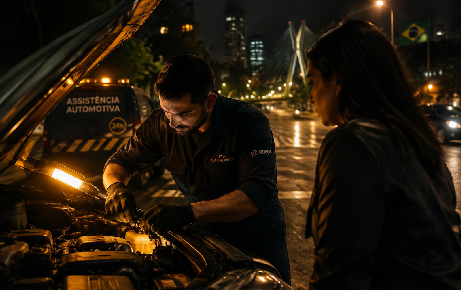 Mecânico atendendo motorista à noite